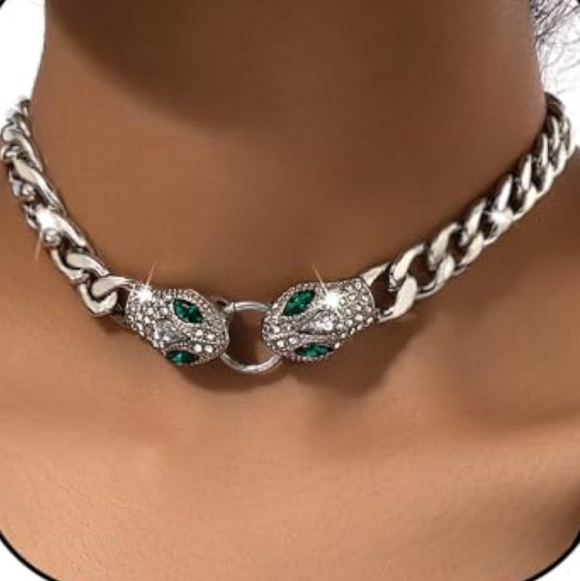 Macy's Jewelry - Macy's Silver-Tone Chain Choker with Green Crystal Snake Heads